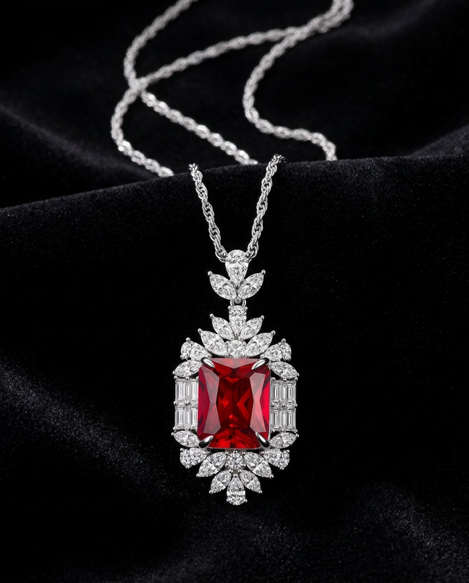 Ruby and sterling silver necklace on black velvet